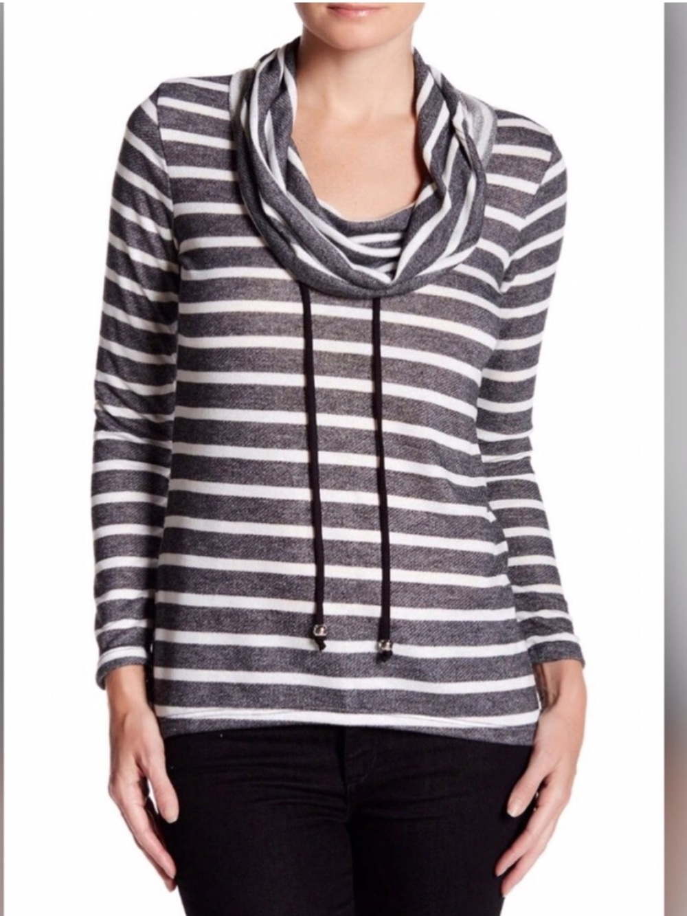Edista Striped Long-Sleeve Sweater with Cowl Neck - Gray & White